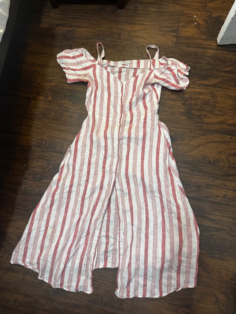 Pure Linen Red and White Striped Off the Shoulder Dress